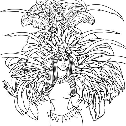 Coloring Page of a Woman in Ornate Feather Attire