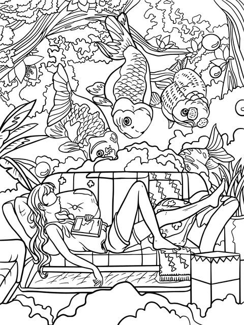 Relaxing Rest with Koi Fish Coloring Page