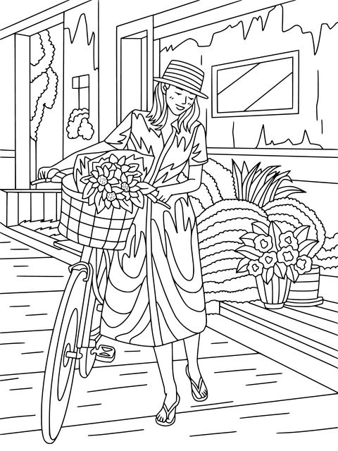 Coloring Page of a Lady Pushing a Bicycle