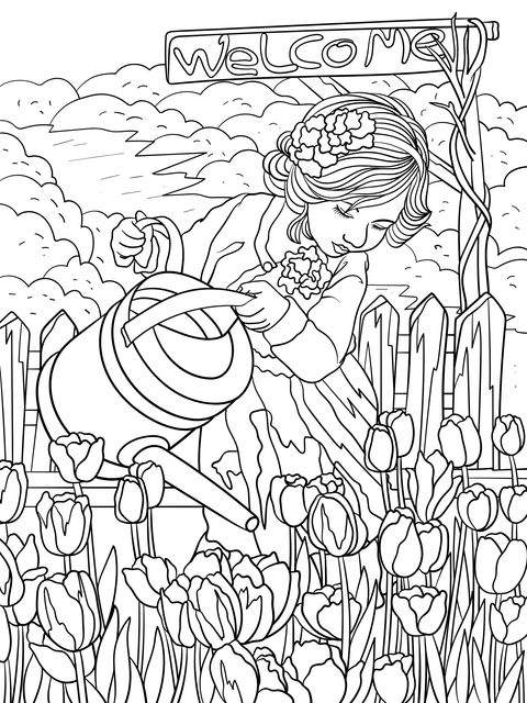 Girl Watering Flowers in the Garden Coloring Page