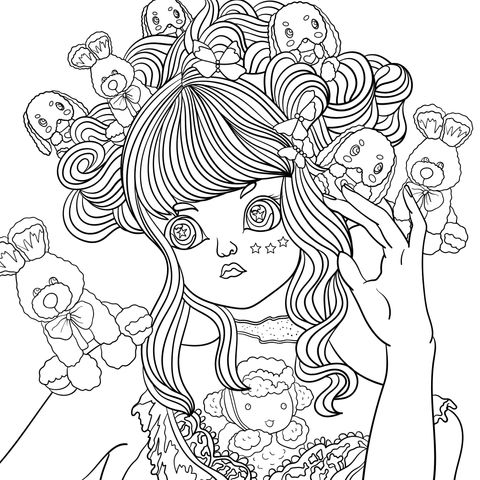 Coloring Page of a Girl with Adorable Dolls