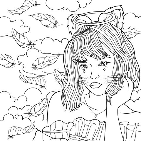 Dreamy Girl with Cat Ears and Halo