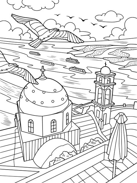 Santorini Landscape Coloring Page