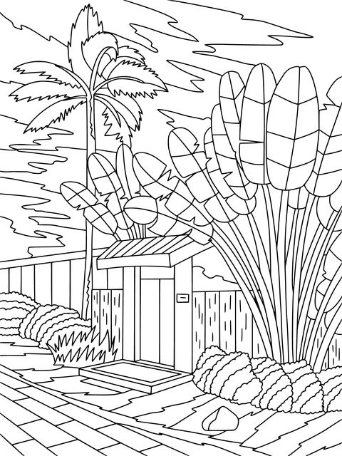 Tropical - style Cottage Coloring Page