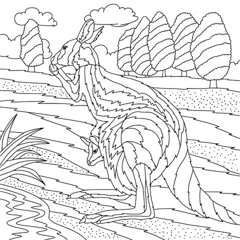 Mother - and - child Kangaroo Scenic Coloring Page