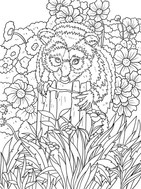 Dibujo para colorear de un lindo mapache y flores