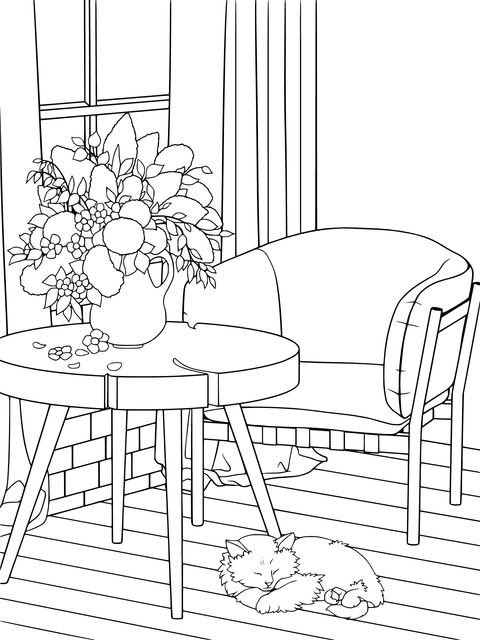 Cozy Indoor Scene Coloring Page: Cat, Flowers and Chair