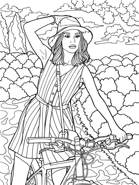 Coloring Page of a Lady Cycling in Scenery