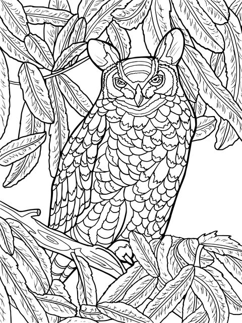 Owl Coloring Page: A Mysterious Creature Perched Among Green Leaves