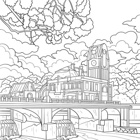 Coloring Page of Clock - tower Building by the River