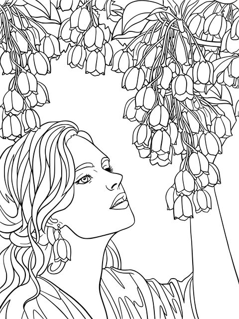 Coloring Page of a Woman and Lily - of - the - Valley