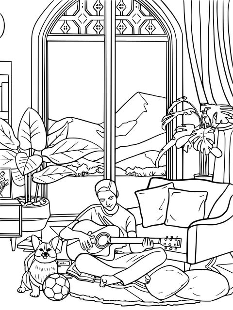 Coloring Page of a Man Playing Guitar Indoors