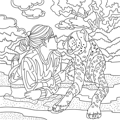 Coloring Page of a Person Interacting Affectionately with a Cheetah