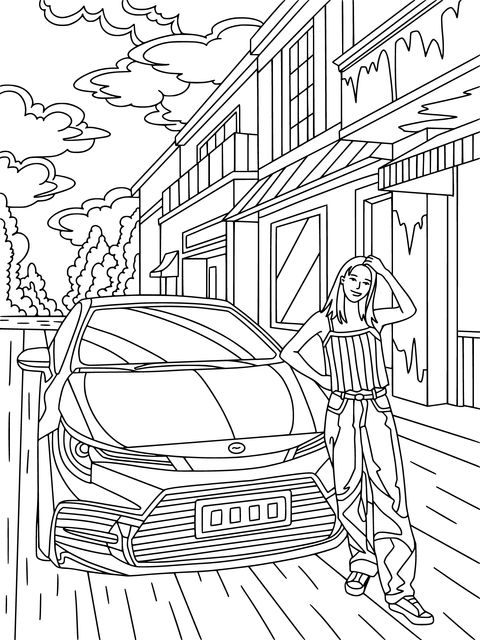 Fashionable Girl and Car Coloring Page