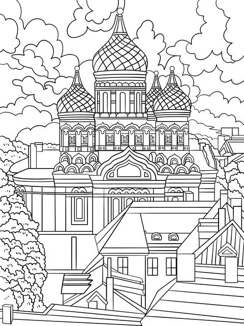 Página para colorir: Igreja e paisagem da cidade no estilo onírico