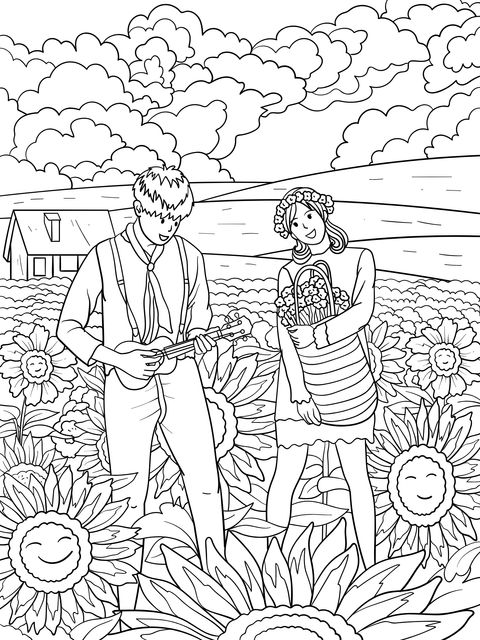 Coloring Page of a Couple Interacting in the Countryside