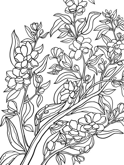 Flower Coloring Page: Blooming Flower Branch