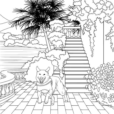 Beautiful Courtyard Scene with a Puppy Coloring Page