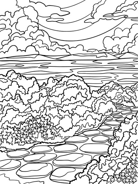 Scenic Coloring Page: Strolling Along a Lakeside Path