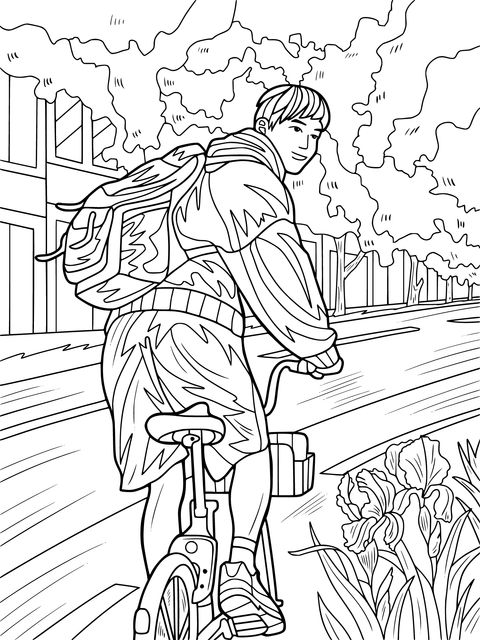 Coloring Page of a Boy Cycling to School