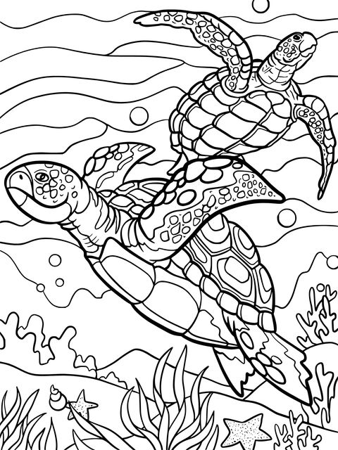 Double Sea - Turtles Swimming in the Ocean Coloring Page