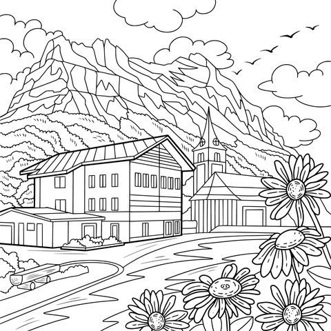 Mountain Village Landscape Coloring Page