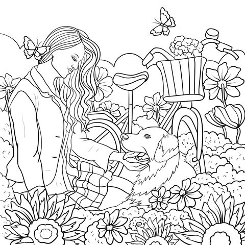 Outdoor Leisure Coloring Page of a Girl and a Dog