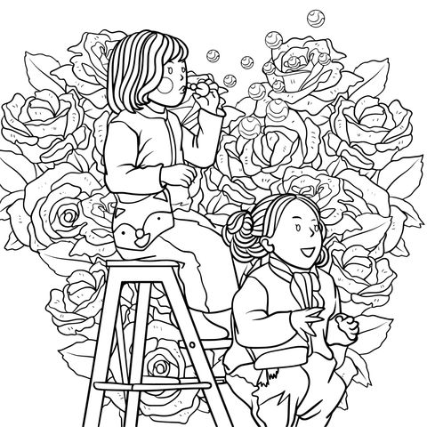 Coloring Page of Two Girls and Roses