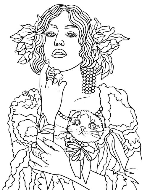 Fashionable Lady and Cat Coloring Page