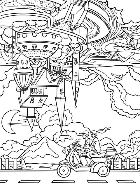 Fantasy Sky Castle and Riders Coloring Page