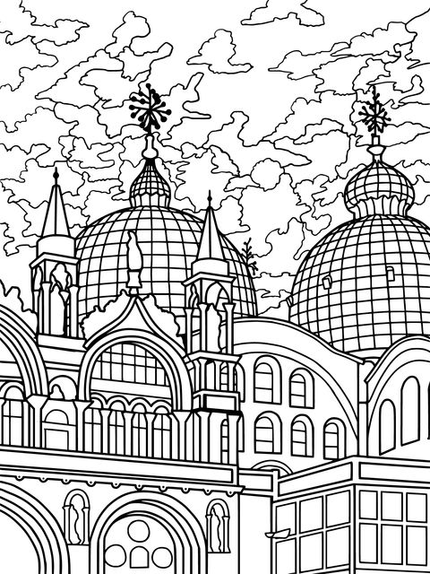 Beautiful Architecture Coloring Page: Domes and Gorgeous Clouds