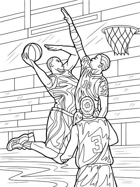 Página de colorear de una escena de partido de baloncesto