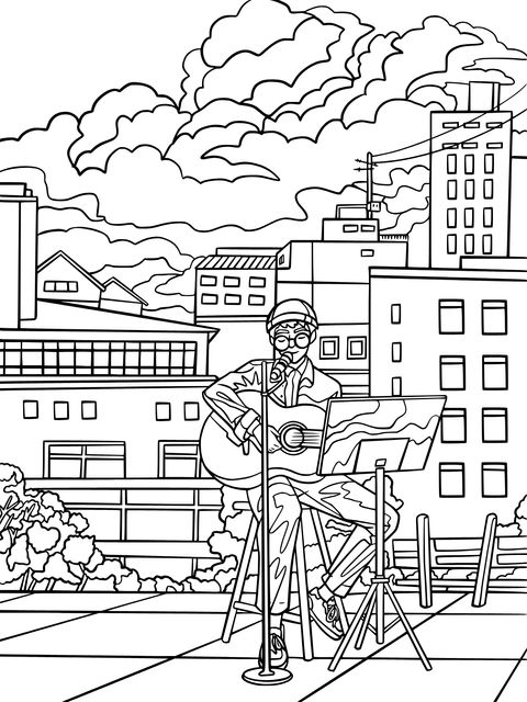 City Rooftop Guitarist Coloring Page