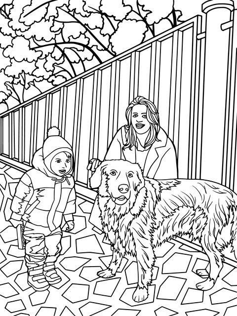 Coloring Page of Mother, Child and Big Dog Taking a Walk