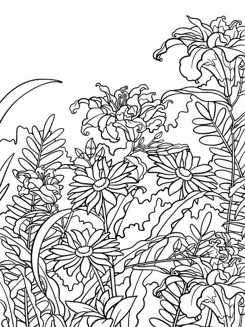 Flower Coloring Page: A Beautiful Combination of Colorful Flowers and Green Leaves