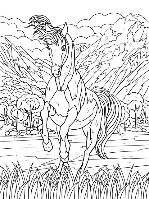 Coloring Page of a Horse Galloping in Mountains and Rivers