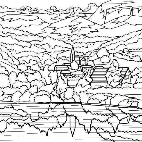 田園風景の塗り絵ページ