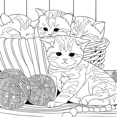 Adorable Kittens and Yarn Balls Coloring Page