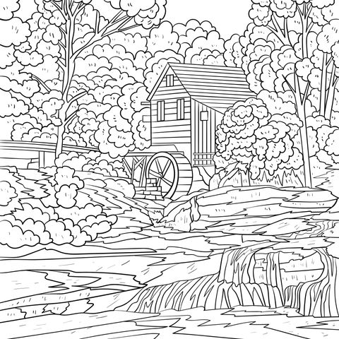 Autumn Water - mill Cottage Coloring Page