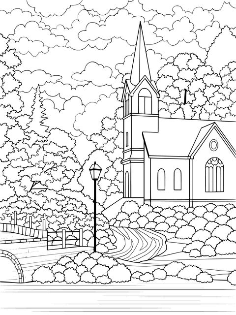 Página para colorear de paisaje: Iglesia y bosques coloridos