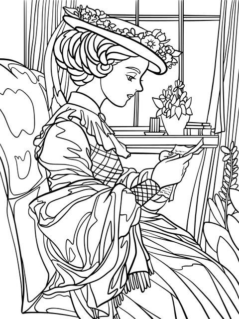 Coloring Page of a Lady in Vintage Attire Reading