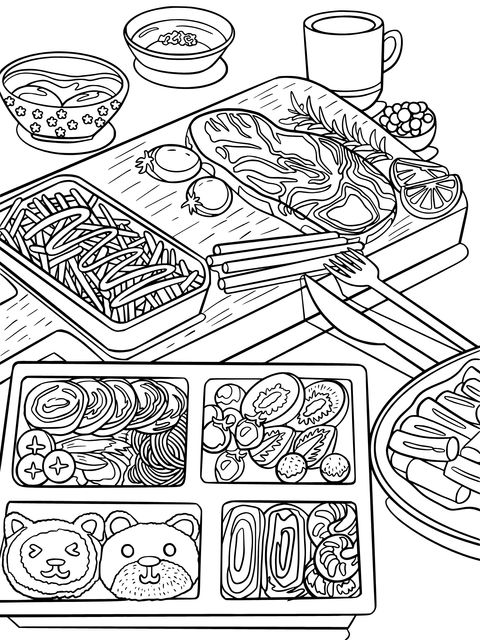 Página para Colorear de Comidas: Ilustraciones de Variados Alimentos Deliciosos