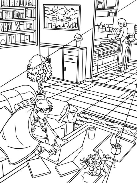 Coloring Page of Home Life Scene: Working on Sofa and Cooking in Kitchen