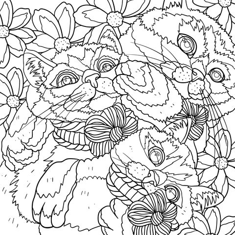 Adorable Cats and Flowers Coloring Page