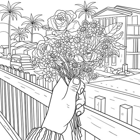 Coloring Page Illustration of a Hand - Held Bouquet