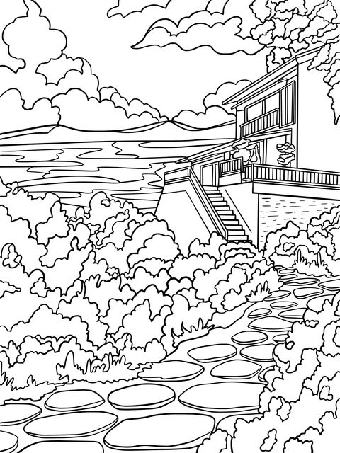 Lake - side Cottage Scenery Coloring Page