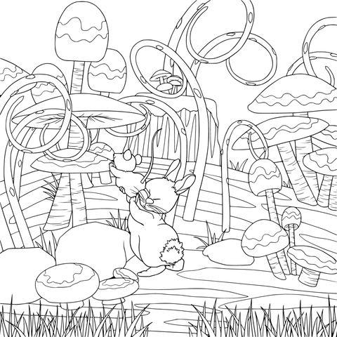 Fantasy Mushroom Forest and Rabbit Coloring Page