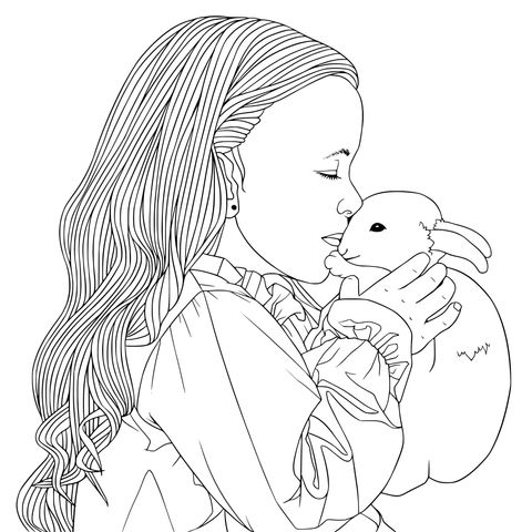 Coloring Page of a Girl Hugging a Rabbit Affectionately