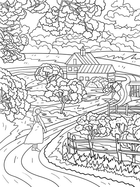 Coloring Page of Strolling in a Rural Landscape