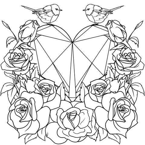 Heart, Roses and Birds Coloring Page